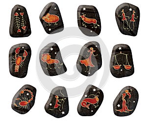 Set of 12 signs of the zodiac. Stones for divination with the designation of signs of the zodiac. Constellations and stars.