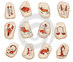 Set of 12 signs of the zodiac. Stones for divination with the designation of signs of the zodiac. Constellations and stars.