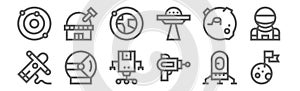 Set of 12 space icons. outline thin line icons such as moon landing, blaster, helmet, craters, orbit, observatory