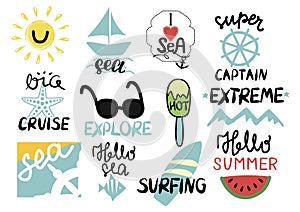 Set of 12 summer inscription with hand lettering I love sea, Extreme, Super captain, Big cruise, Explore, Surfing, Hello