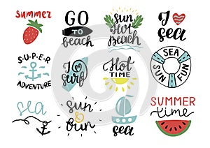 Set of 12 summer logo with hand lettering Hot time, I love surf, Sea, Go to beach, Super adventure, Sun.