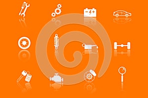 Set of 12 symbol icons for car service, auto repair shop, car repair on orange background with mirror reflection effect. Vector