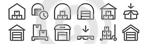 Set of 12 warehouse icons. outline thin line icons such as warehouse, pallet, pallet, warehouse