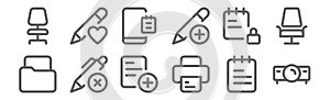 Set of 12 work office icons. outline thin line icons such as projector, printer, pen, notebook, notes, pencil