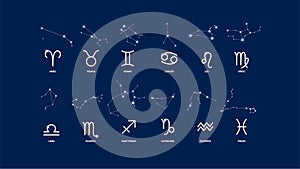 Set of 12 zodiac signs with constellations, beautiful modern astrology banner with blue background, astronomy and