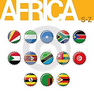 Set of 13 bottlecap flags of Africa S-Z. Set 4 of 4.