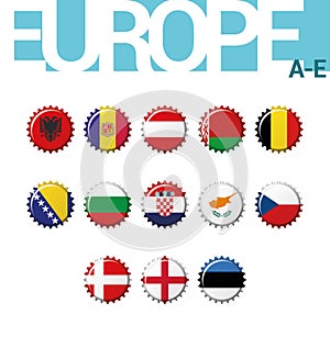 Set of 13 bottlecap flags of Europe A-E. Set 1 of 4.