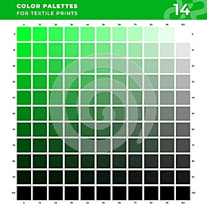 Set 14 Color Palettes for Textile Prints. Tints and Shades Chart, Colors Guide Swatches.