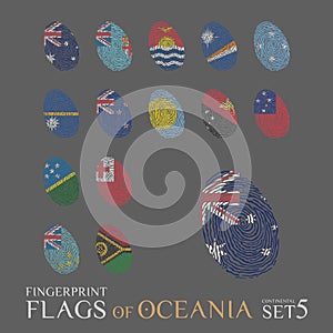 Set of 14 fingerprints colored with the national flags of the countries of Oceania