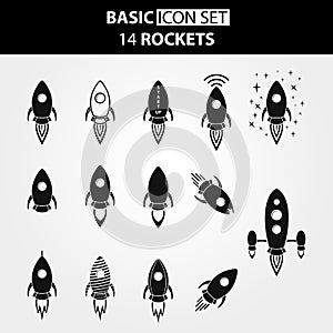 Set of 14 rocket or spaceship icons isolated on white. Travel or science exploration concept. Start up new business project