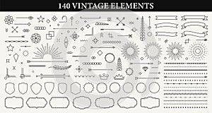 Set of 140 Vintage line elements. Retro design elements. Ornaments and Frames. Drawing geometrics line. Decoration