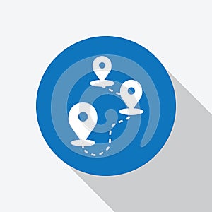 White directionpin icon in blue circle.