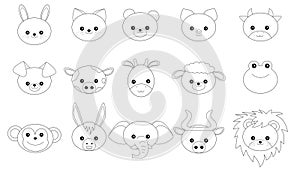 set of 15 cute animal head, Collection of 15 cartoon animal heads outline.