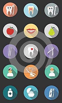 Set of 15 dental icons. Modern flat design with long shadows.