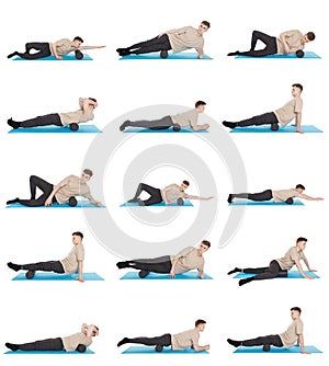 Set of 15 exercises using a foam roller for a myofascial release massage