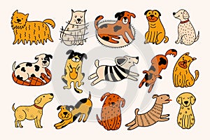 Set of 15 hand-drawn dogs on a beige background
