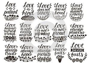 Set of 15 hand lettering quotes about love from Corinthians .