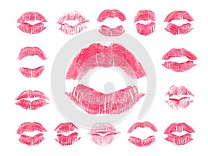 Set of 15 imprint of pink lipstick.