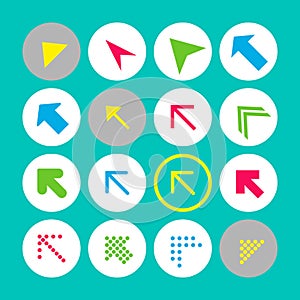 Set of 16 arrow icons with north-west direction. Arrow buttons on turquoise background in white, gray and transparent circles