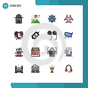 Set of 16 Commercial Flat Color Filled Lines pack for girl, emojis, global, science, hazard
