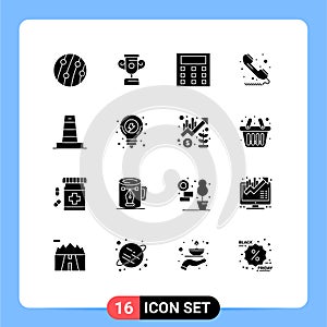 Set of 16 Commercial Solid Glyphs pack for construction, telephone, calculation, sign, phone