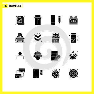 Set of 16 Commercial Solid Glyphs pack for publish, typing, data, typewriter, arts