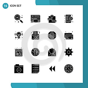 Set of 16 Commercial Solid Glyphs pack for smart phone, phone, rackmount, gear, healthcare