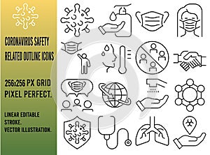 Set of 16 Coronavirus Safety Related Outline icons. Contains such icons as virus, washing Hands, people wearing face mask and more