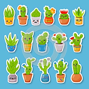 Set of 16 cute cartoon cactus and succulents stickers. Kawaii cactuses with funny faces in various pots