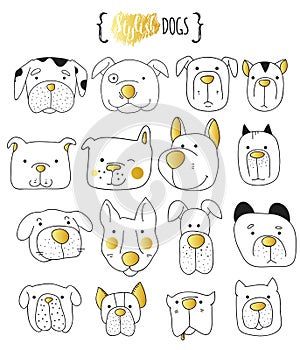 Set of 16 cute dogs doodle . Sketch dog.