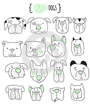 Set of 16 cute dogs doodle . Sketch dog.