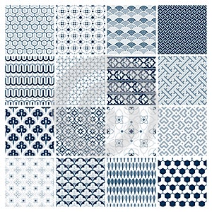 Set of 16 Geometric seamless patterns. Curves, Net, Waves Blue patterns