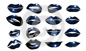 Set of 16 glamour lips, with blue lipstick colors. Vector illustration. element. Woman s lip gestures set. Girl mouths close up