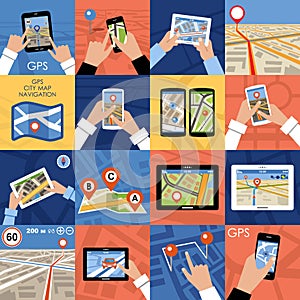 Set of 16 icons GPS Navigation.