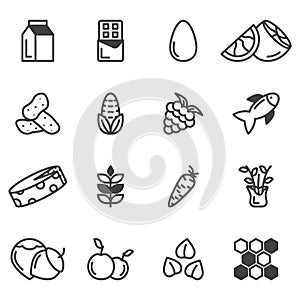 A set of 16 icons with various food allergies. Minimalistic linear images of vegetables, fruits and seafood. Isolated