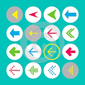 Set of 16 left arrow icons. Arrow buttons on turquoise background in white, gray and transparent circles