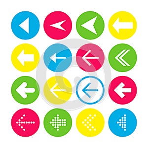 Set of 16 left arrow icons. Arrow buttons on white background in crimson, blue, yellow and transparent circles