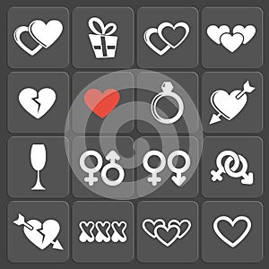 Set of 16 love and gender icons. Vector.