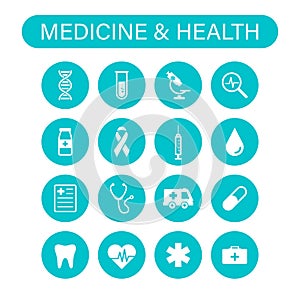 Set of 16 Medical and Health web icons in line style. Medicine and Health Care, RX, infographic. Vector illustration