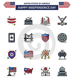 Set of 16 Modern Flat Filled Lines pack on USA Independence Day phone; american; gate; sport; hokey