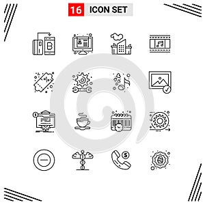 Set of 16 Modern UI Icons Symbols Signs for discount, film reel, resume, film, pollution