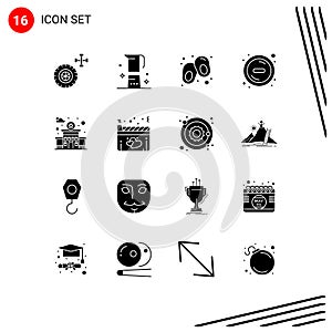 Set of 16 Modern UI Icons Symbols Signs for film, police, baby, building, minus