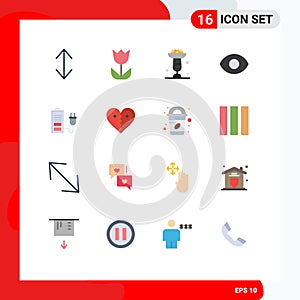 Set of 16 Modern UI Icons Symbols Signs for plug, battery, cooking, acumulator, eye