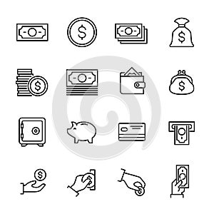 Set of 16 money thin line icons.