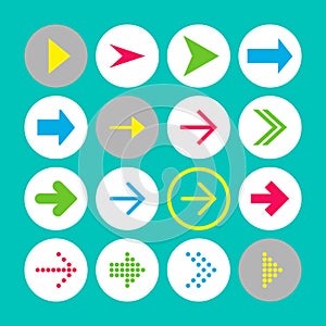 Set of 16 rigth arrow icons. Arrow buttons on turquoise background in white, gray and transparent circles