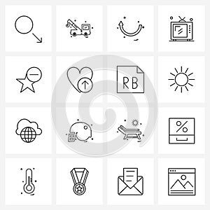 Set of 16 Simple Line Icons for Web and Print such as rating, media, travel, TV, round