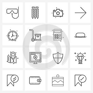 Set of 16 Universal Line Icons of clock, direction, hobby, arrow, photo