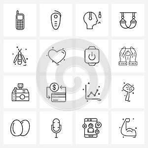 Set of 16 Universal Line Icons of insects, house fly, camera commentary, relaxation, camping