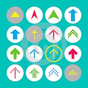 Set of 16 up arrow icons. Arrow buttons on turquoise background in white, gray and transparent circles