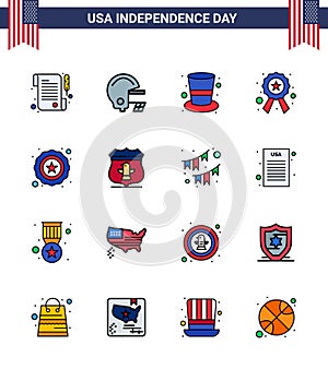 Set of 16 USA Day Icons American Symbols Independence Day Signs for sheild; star; hat; police; star